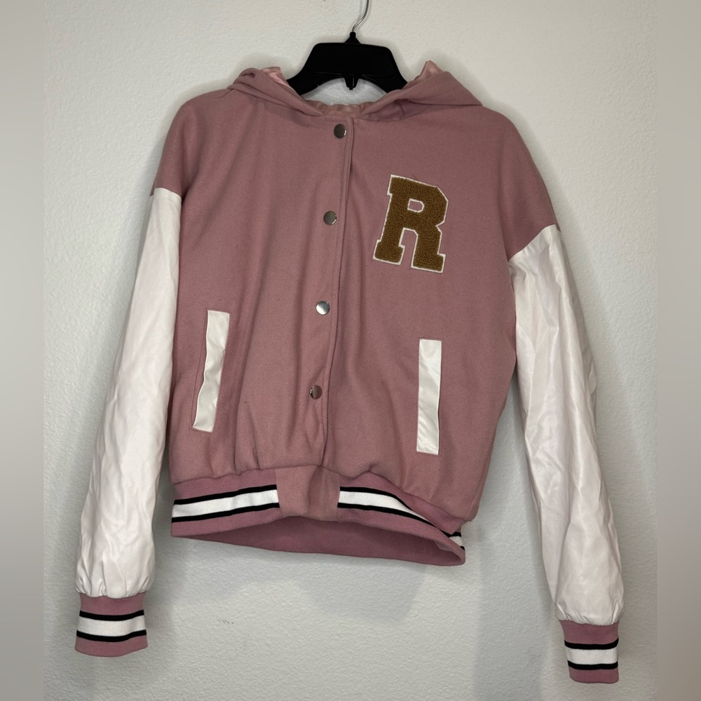 Girls' Pink Hooded Varsity Jacket with White Sleeves